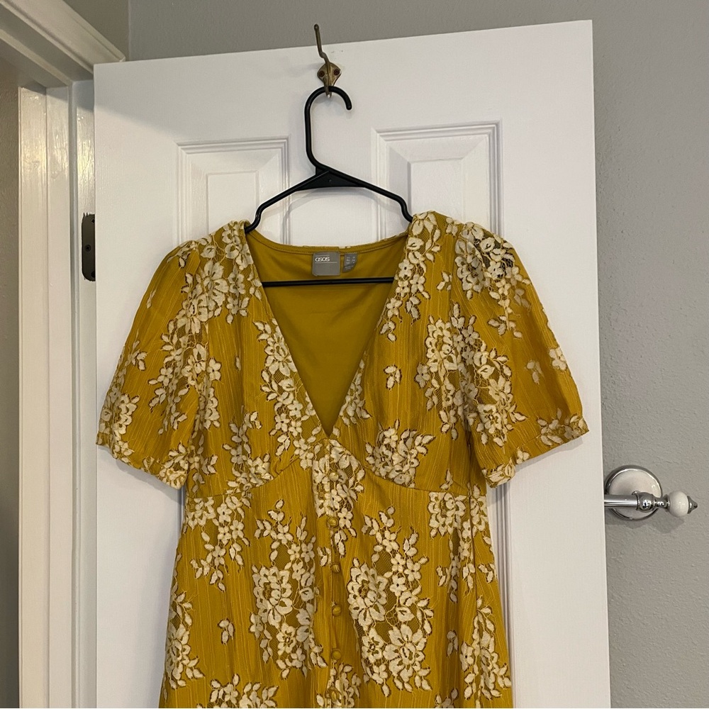 ASOS Mustard Yellow Lace Button Front Midi Dress Size 6 - Picture 4 of 11
